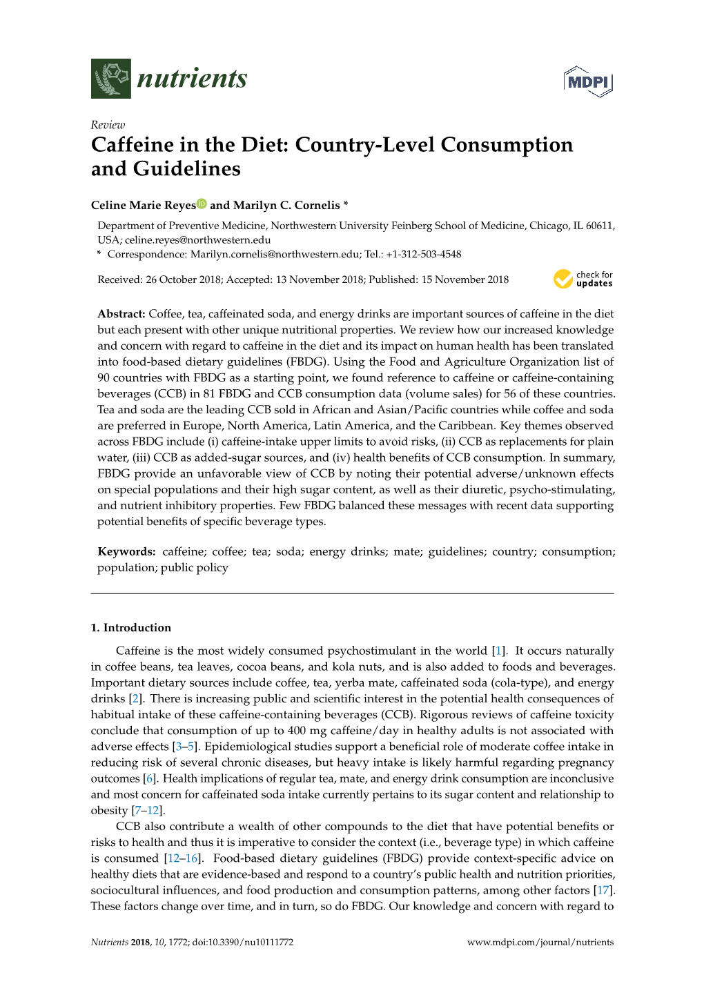 Caffeine in the Diet: Country-Level Consumption and Guidelines