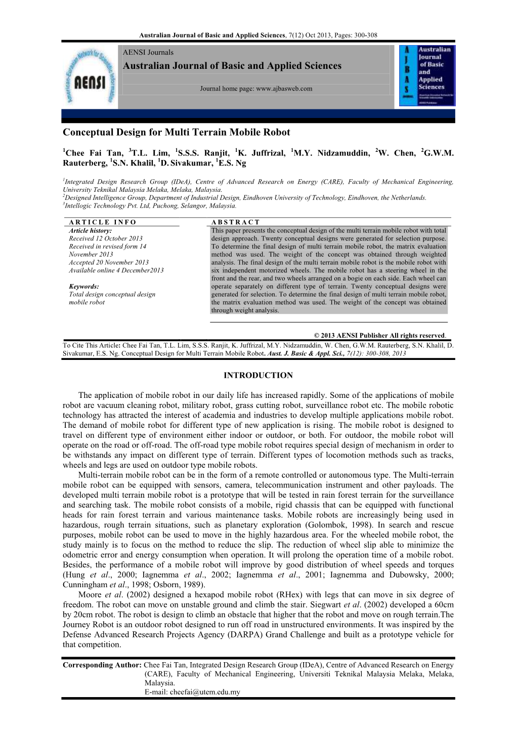 Australian Journal of Basic and Applied Sciences Conceptual Design for Multi Terrain Mobile Robot