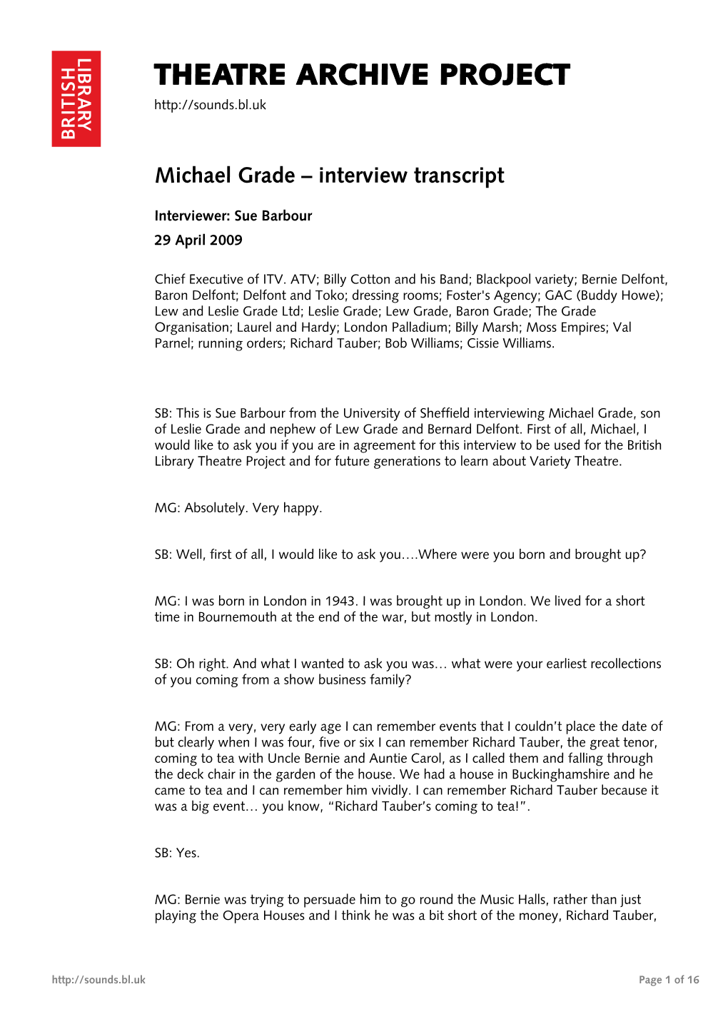 Theatre Archive Project: Interview with Michael Grade