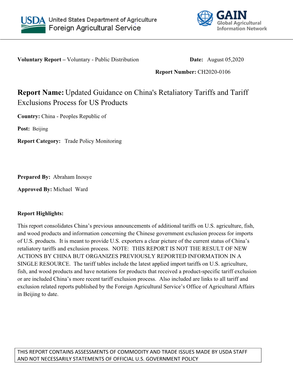 Report Name:Updated Guidance on China's Retaliatory Tariffs and Tariff