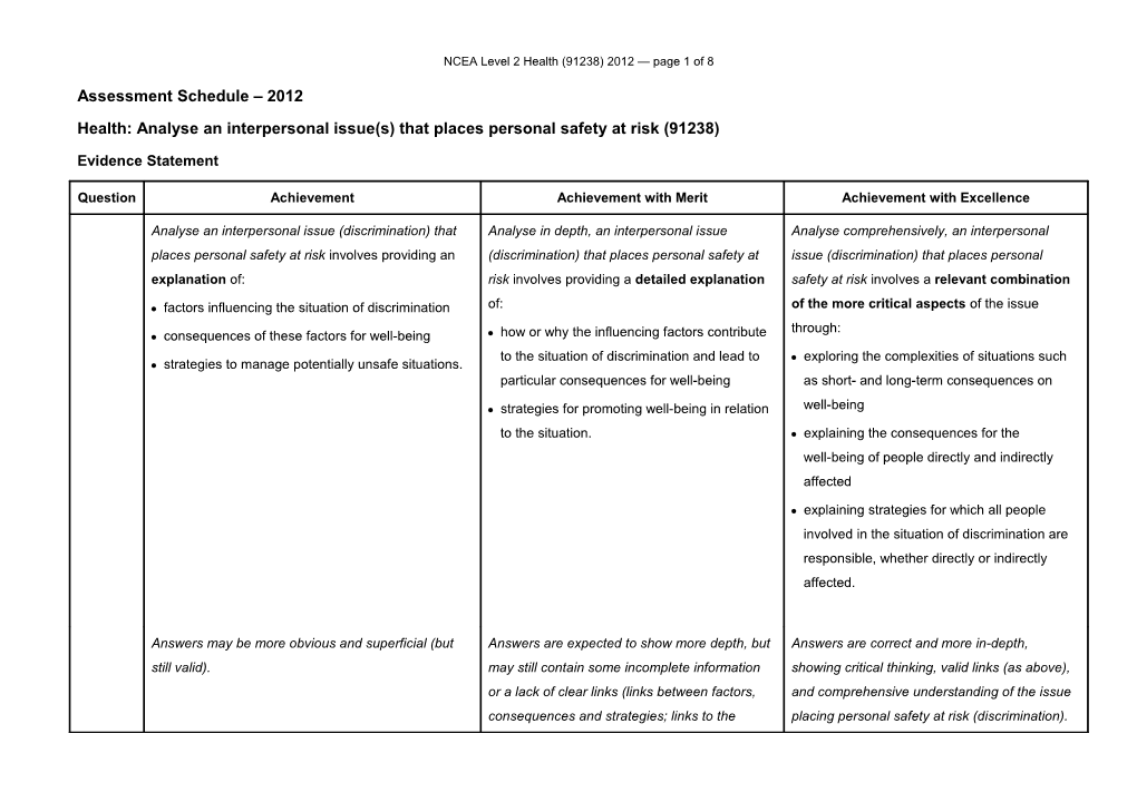 NCEA Level 2 Health (91238) 2012 Assessment Schedule