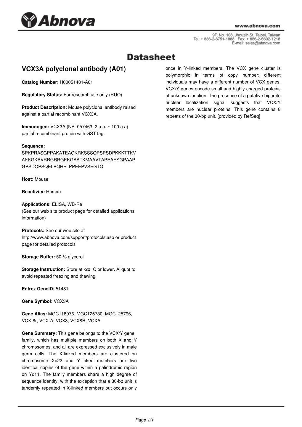 VCX3A Polyclonal Antibody (A01) Once in Y-Linked Members