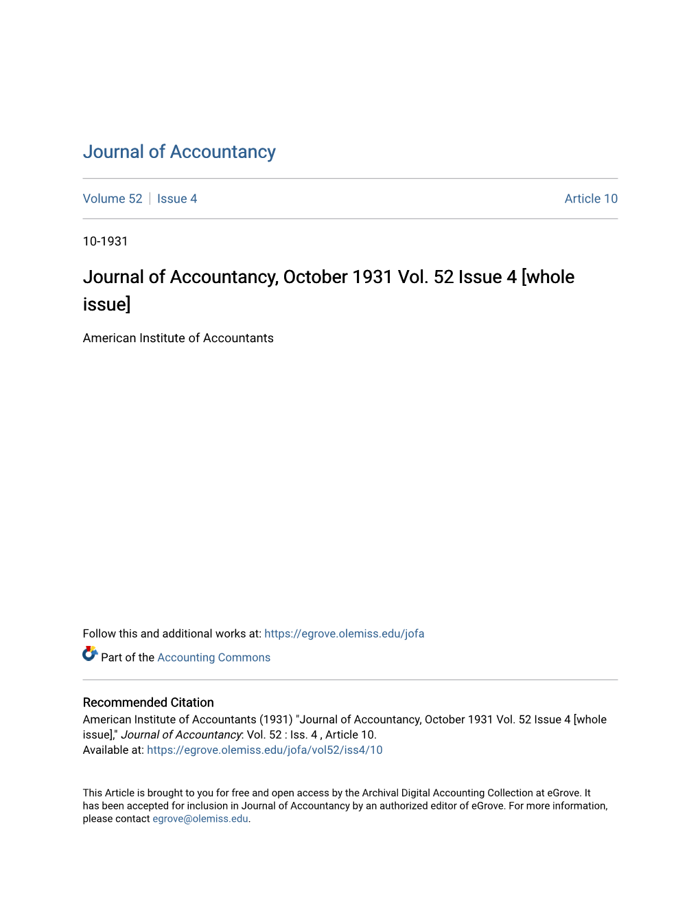 Journal of Accountancy, October 1931 Vol. 52 Issue 4 [Whole Issue]