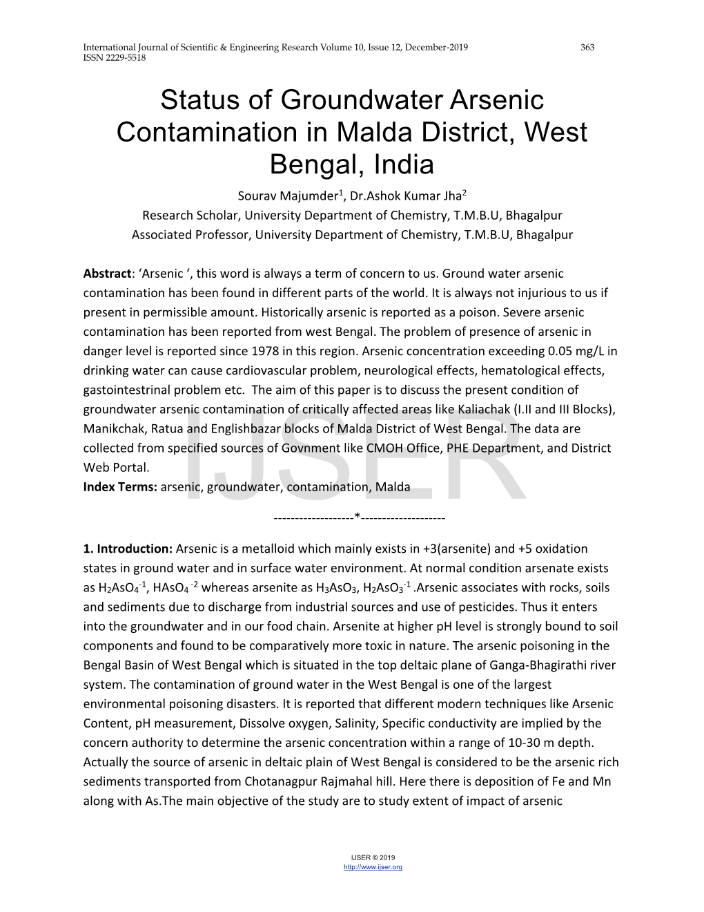 Status of Groundwater Arsenic Contamination in Malda District