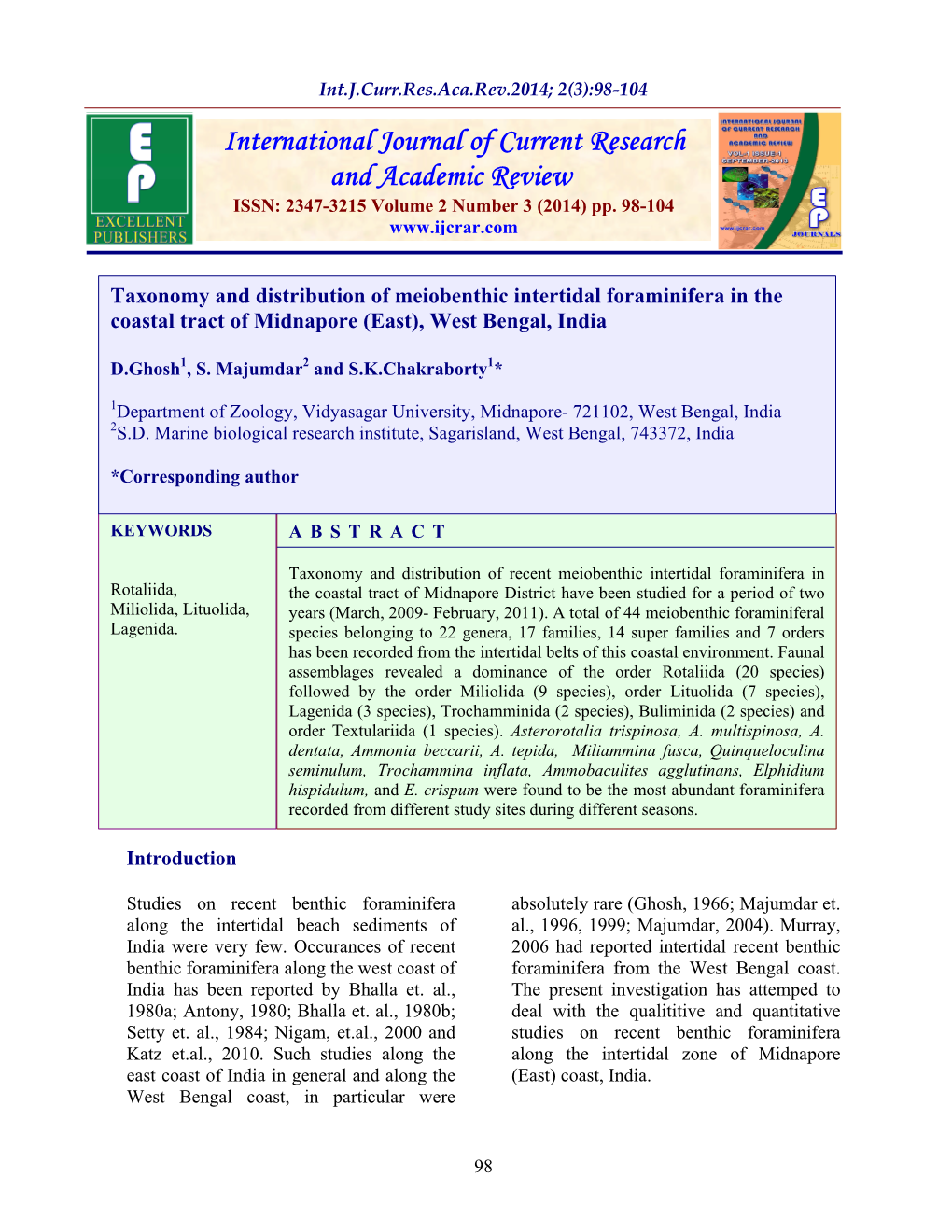 Taxonomy and Distribution of Meiobenthic Intertidal Foraminifera in the Coastal Tract of Midnapore (East), West Bengal, India