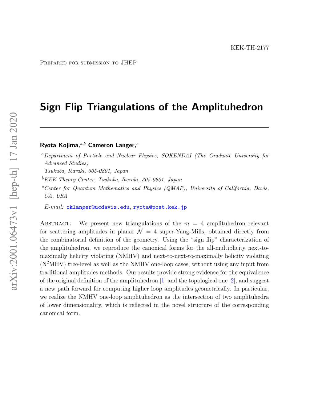 Sign Flip Triangulations of the Amplituhedron Arxiv:2001.06473V1