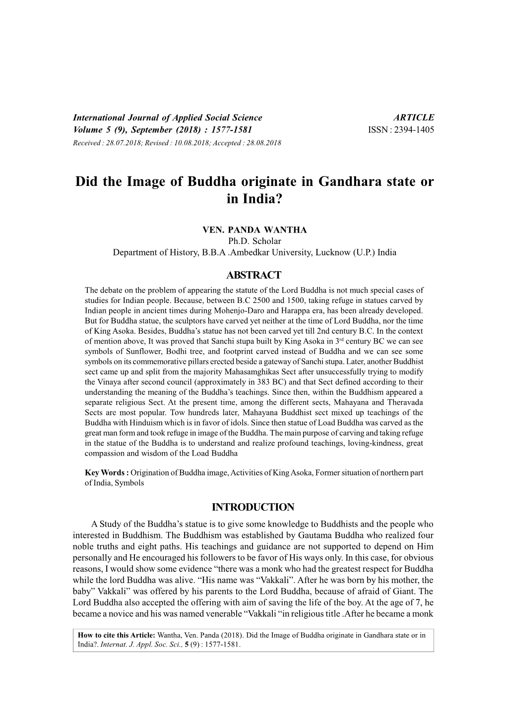 Did the Image of Buddha Originate in Gandhara State Or in India?