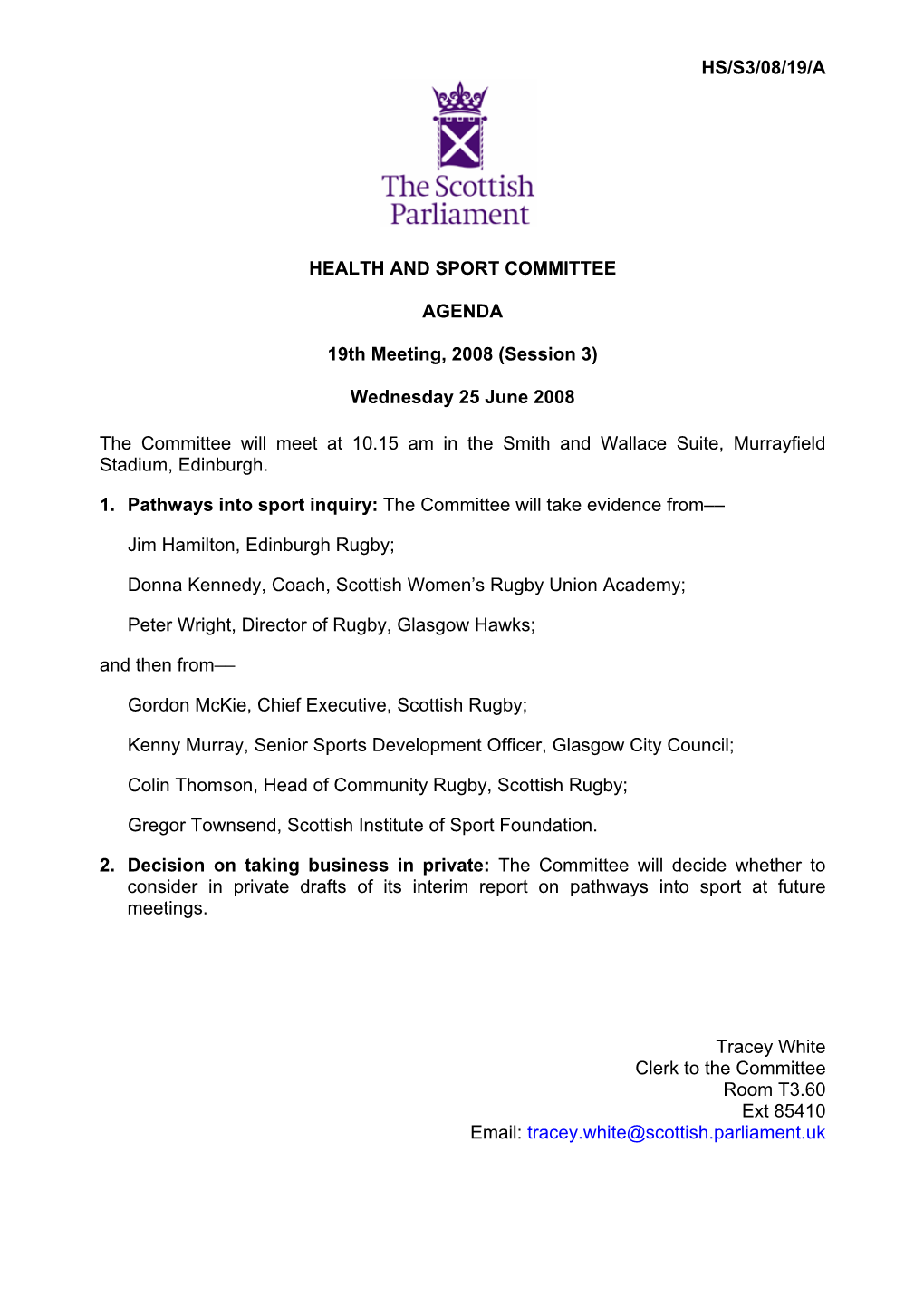 HS/S3/08/19/A HEALTH and SPORT COMMITTEE AGENDA 19Th