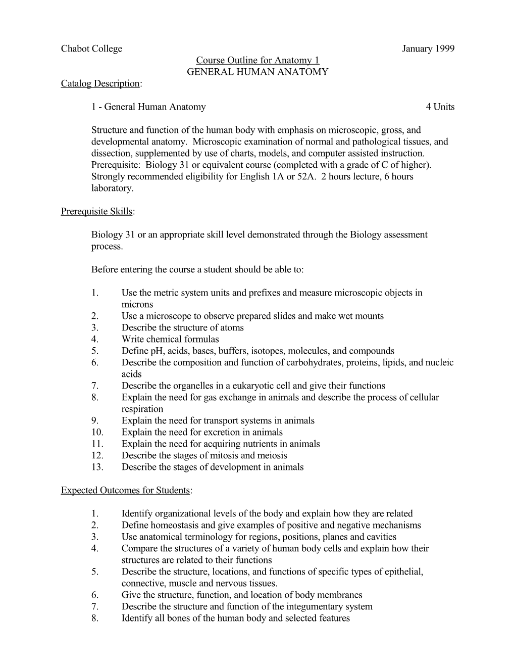 Course Outline for Anatomy 1, Page 2