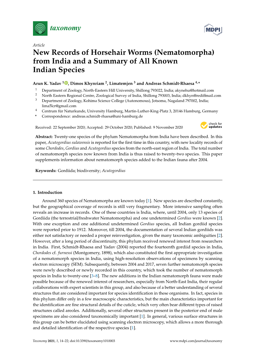 New Records of Horsehair Worms (Nematomorpha) from India and a Summary of All Known Indian Species