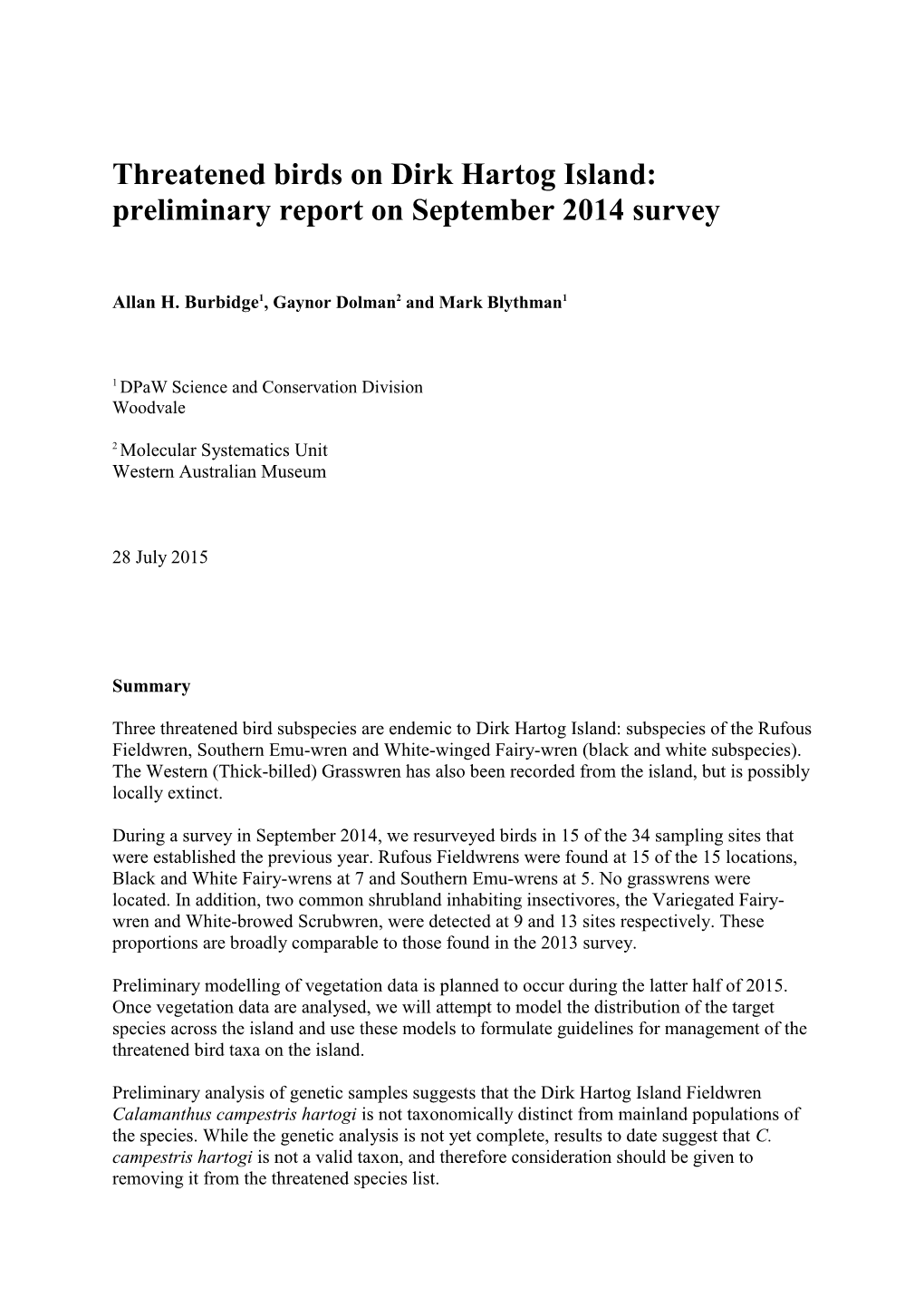 Threatened Birds on Dirk Hartog Island: Preliminary Report on September 2014 Survey