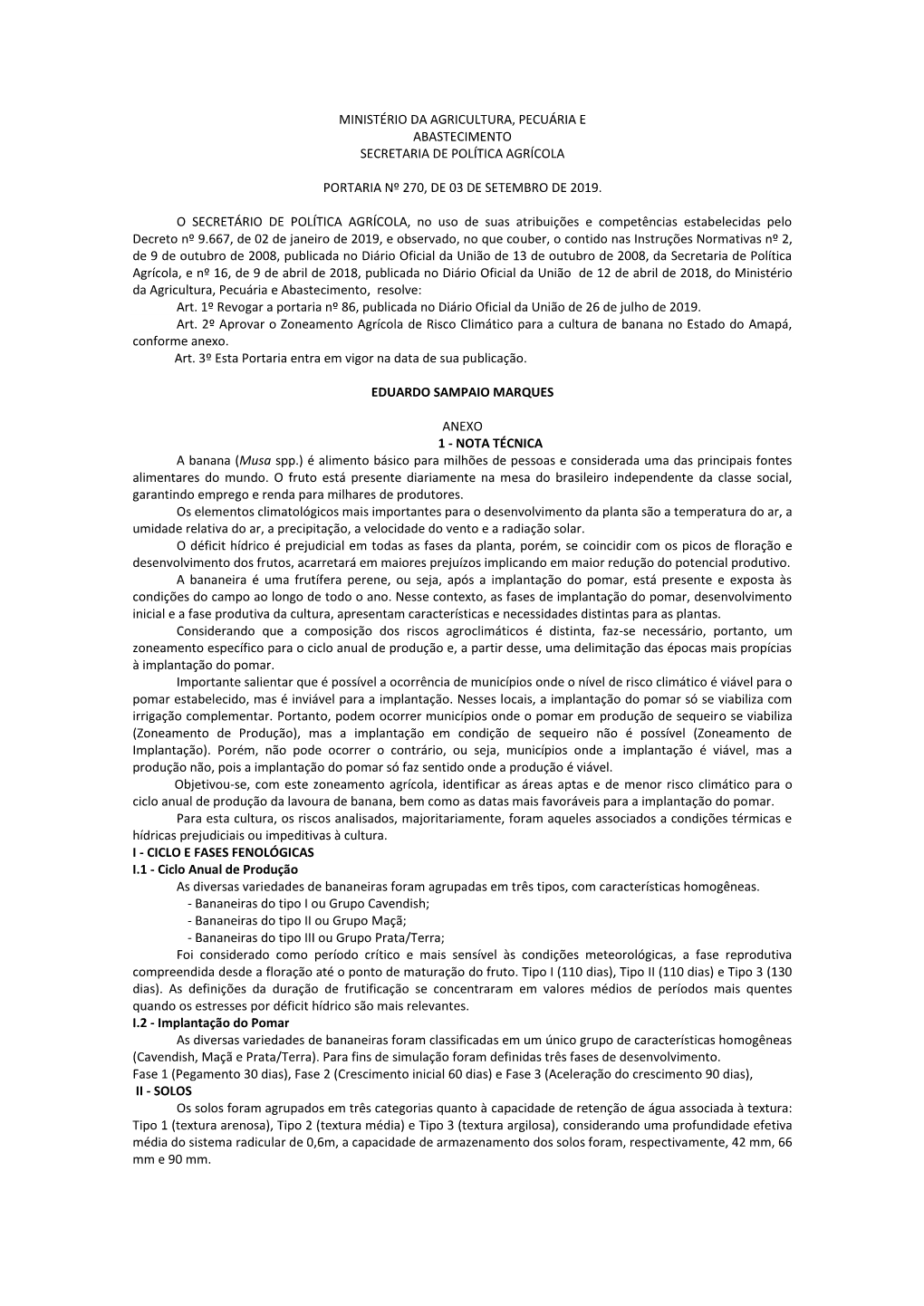 Ministério Da Agricultura, Pecuária E Abastecimento Secretaria De Política Agrícola