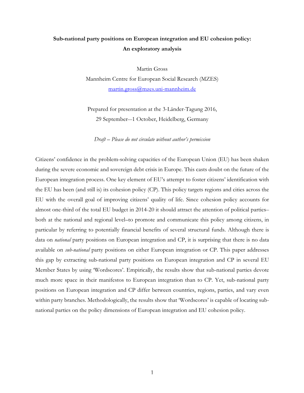 1 Sub-National Party Positions on European Integration and EU Cohesion Policy