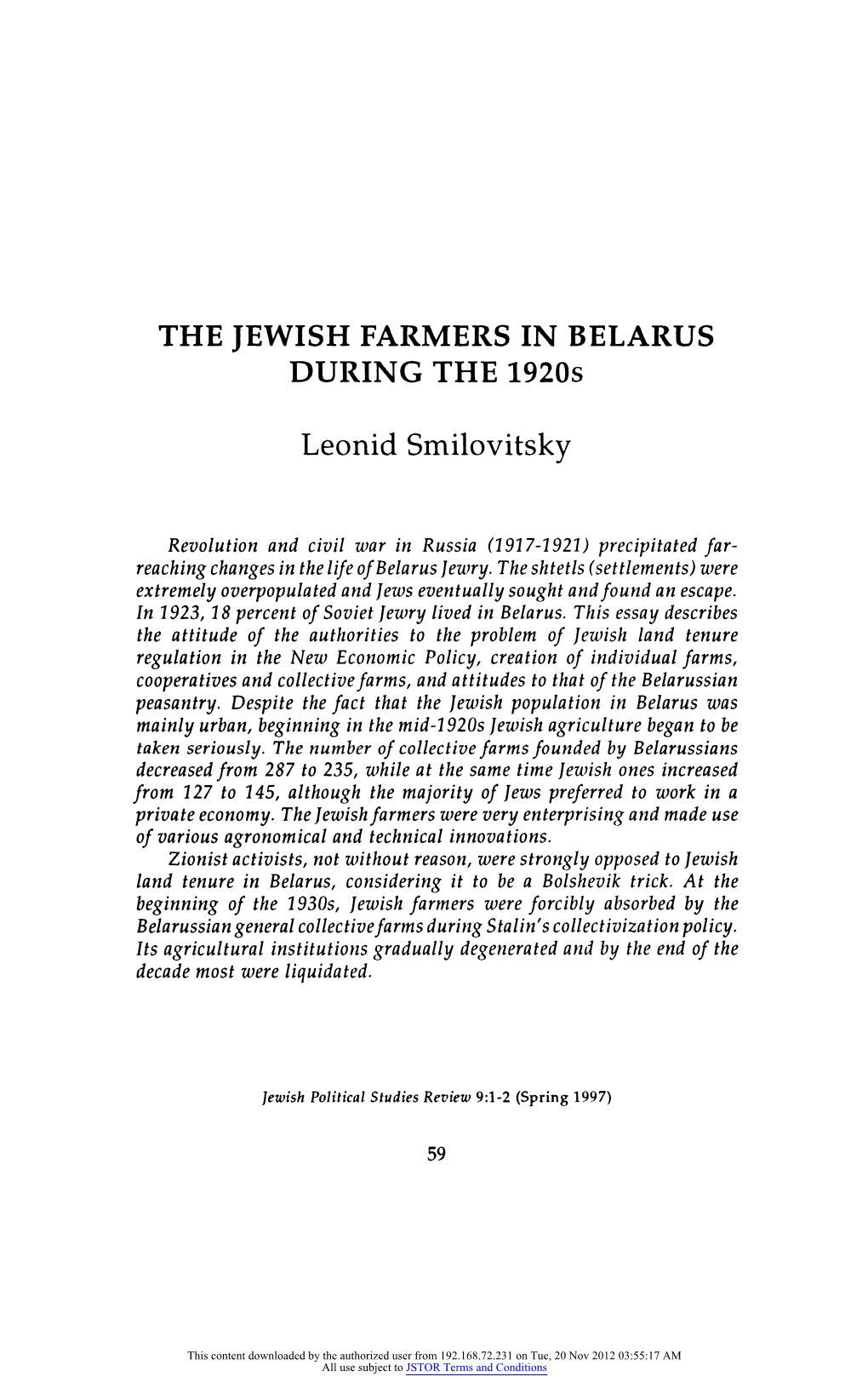 THE JEWISH FARMERS in BELARUS DURING the 1920S