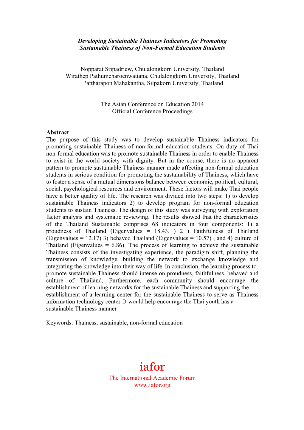 Developing Sustainable Thainess Indicators for Promoting Sustainable Thainess of Non-Formal Education Students