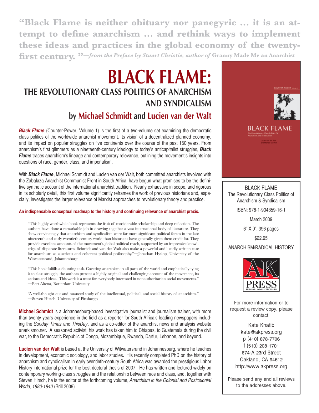 BLACK FLAME: the REVOLUTIONARY CLASS POLITICS of ANARCHISM and SYNDICALISM by Michael Schmidt and Lucien Van Der Walt