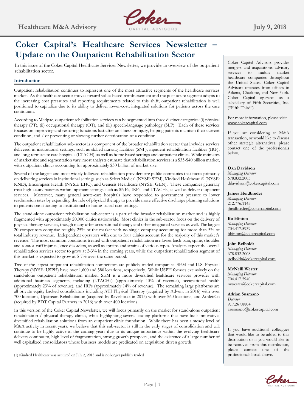 Coker Capital's Healthcare Services Newsletter – Update on The