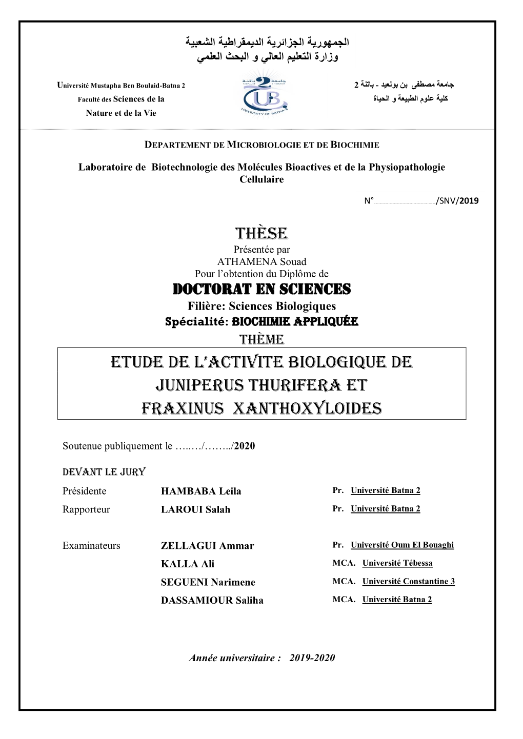 Thèse Etude De L'activite Biologique De Juniperus Thurifera Et Fraxinus