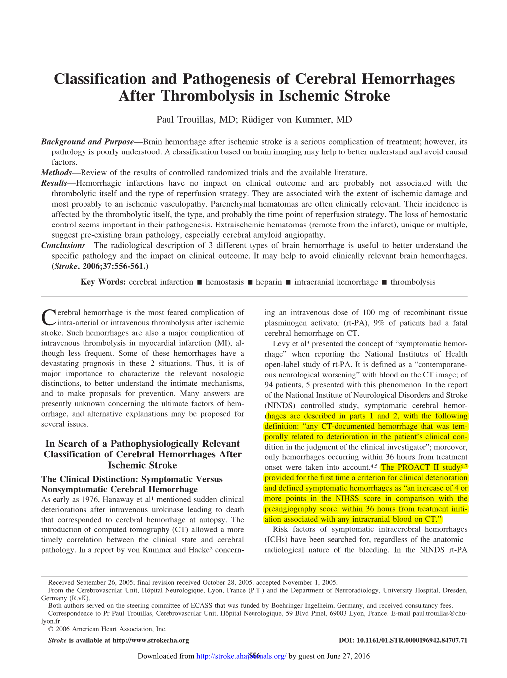 Classification and Pathogenesis of Cerebral Hemorrhages After Thrombolysis in Ischemic Stroke