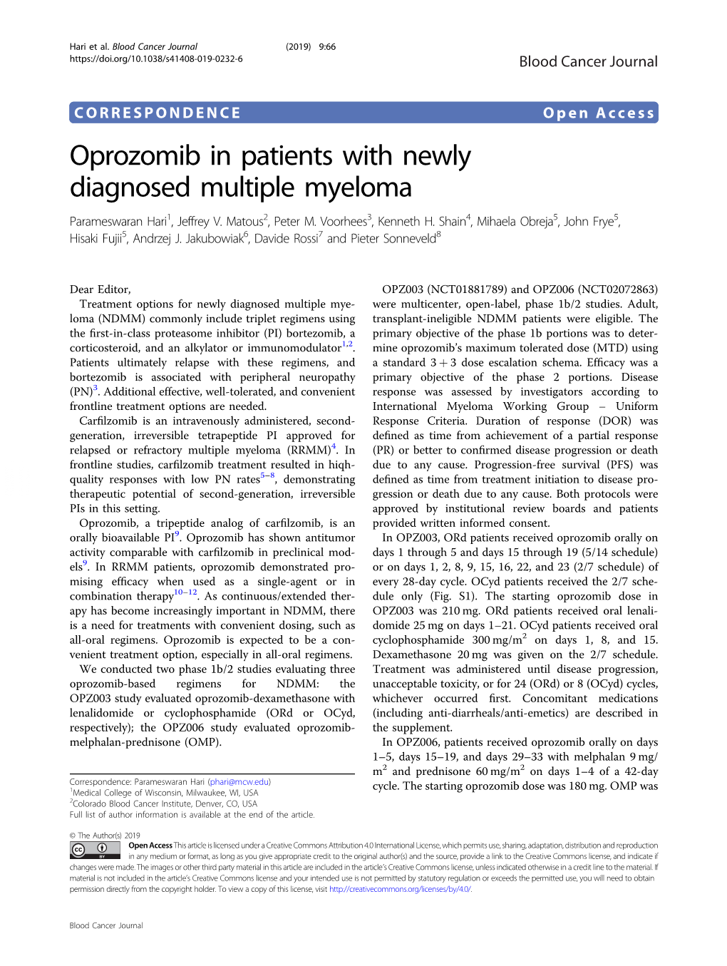 Oprozomib in Patients with Newly Diagnosed Multiple Myeloma Parameswaran Hari1, Jeffrey V