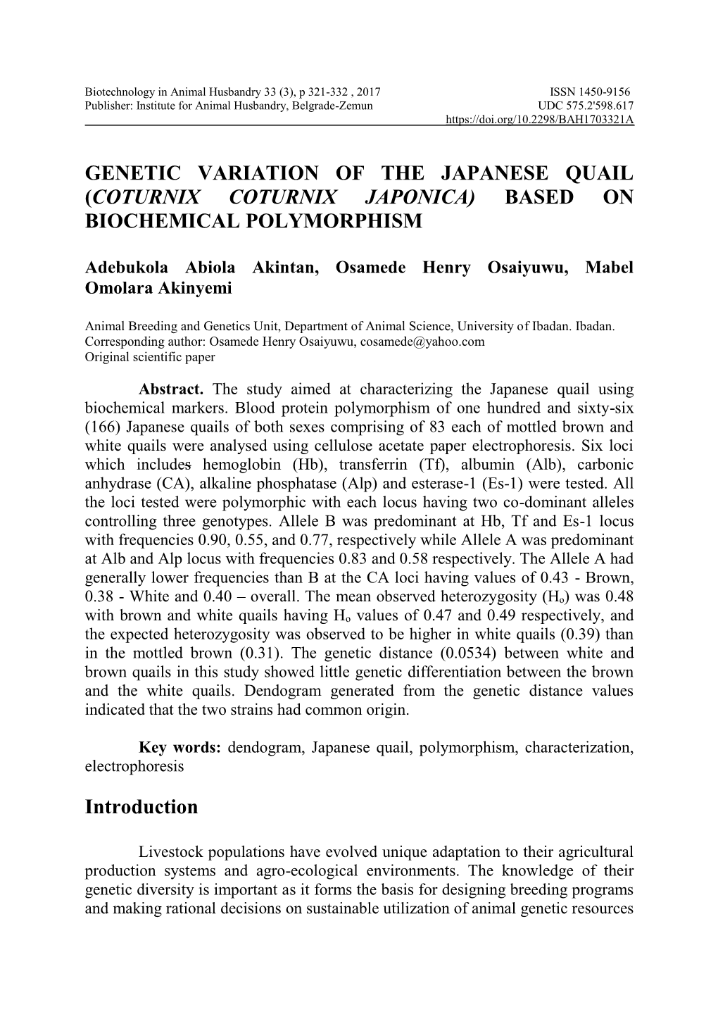 Genetic Variation of the Japanese Quail (Coturnix Coturnix Japonica) Based on Biochemical Polymorphism