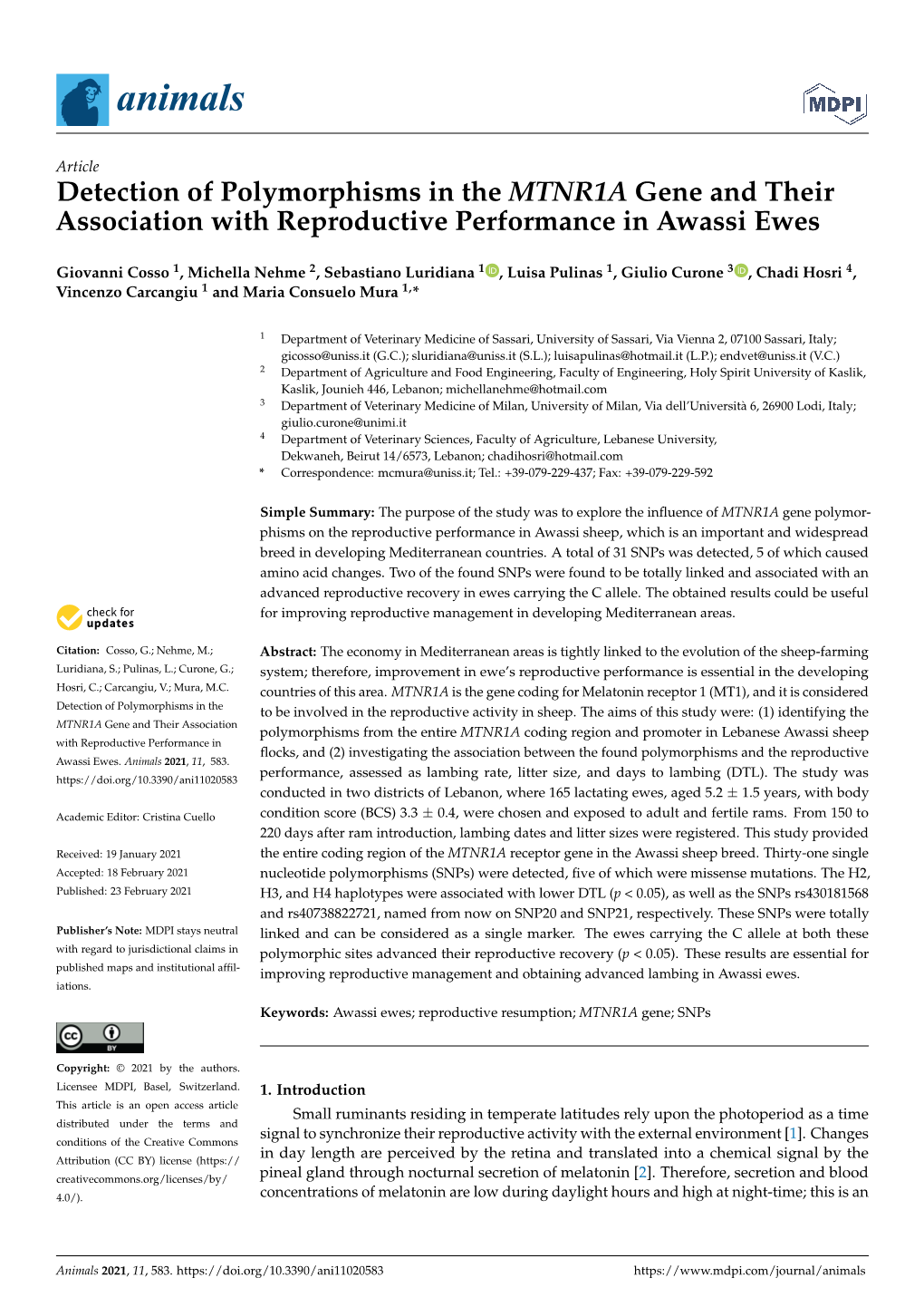 Detection of Polymorphisms in the MTNR1A Gene and Their Association with Reproductive Performance in Awassi Ewes