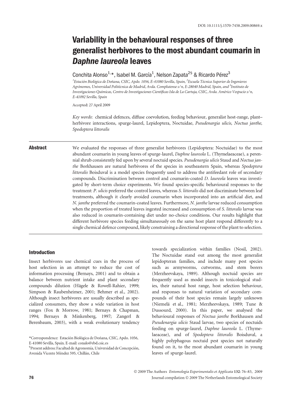 Variability in the Behavioural Responses of Three Generalist Herbivores to the Most Abundant Coumarin in Daphne Laureola Leaves