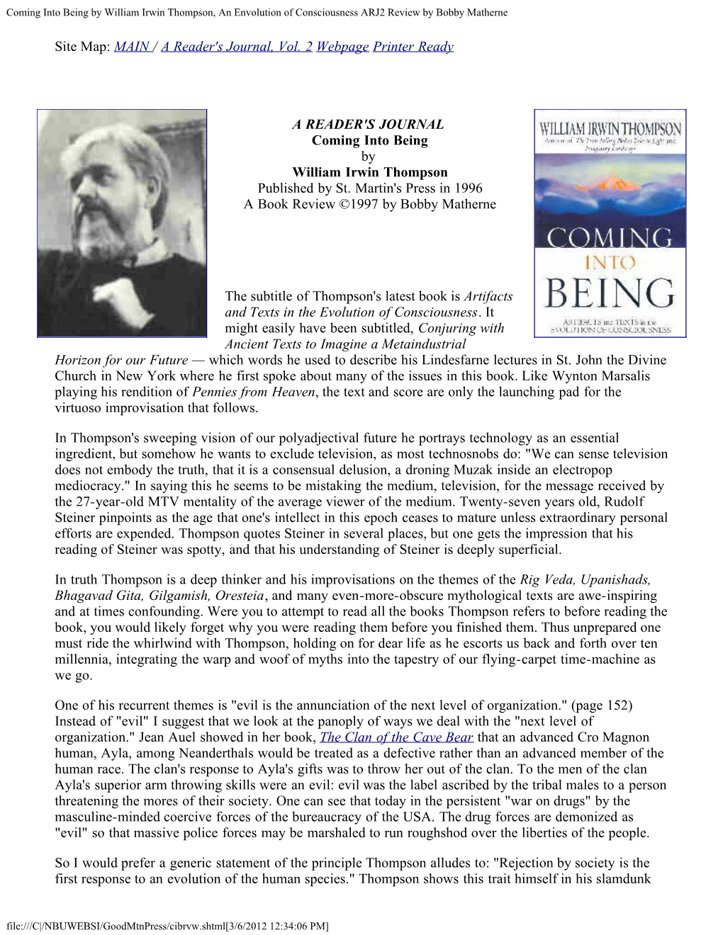 Coming Into Being by William Irwin Thompson, an Envolution of Consciousness ARJ2 Review by Bobby Matherne