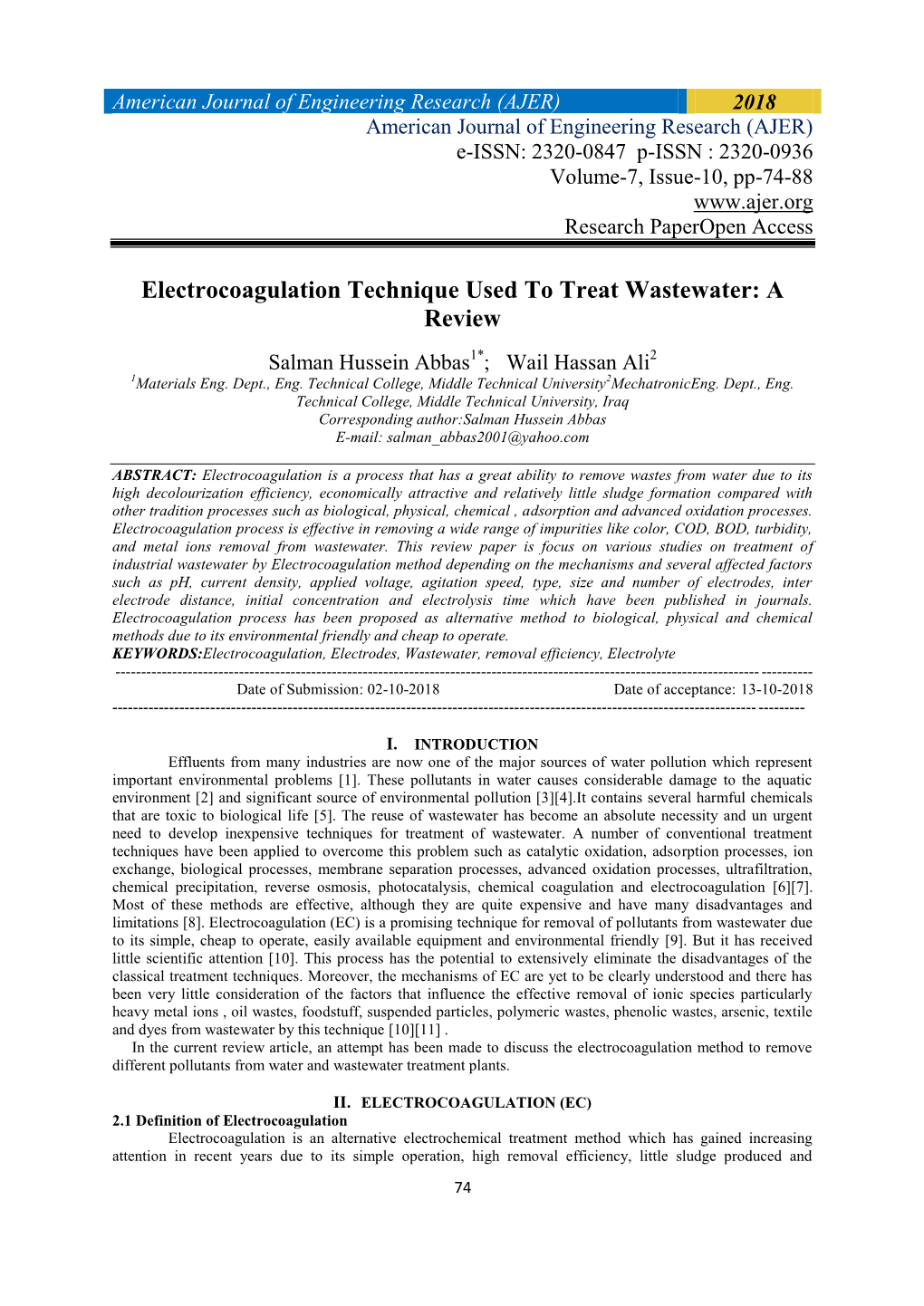 Electrocoagulation Technique Used to Treat Wastewater: a Review