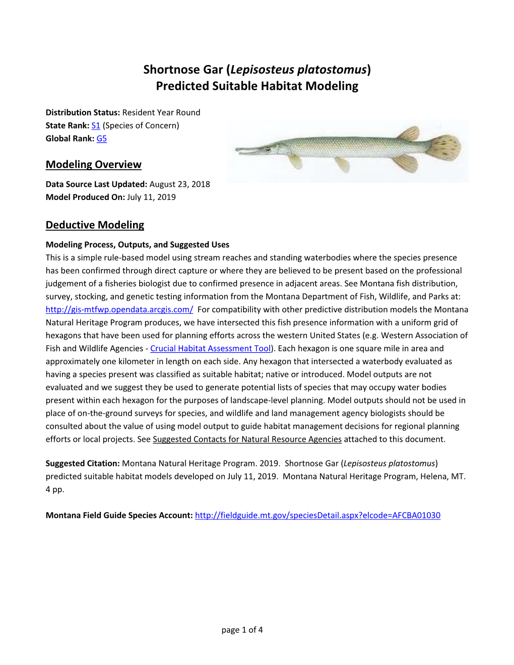 Shortnose Gar (Lepisosteus Platostomus) Predicted Suitable Habitat Modeling