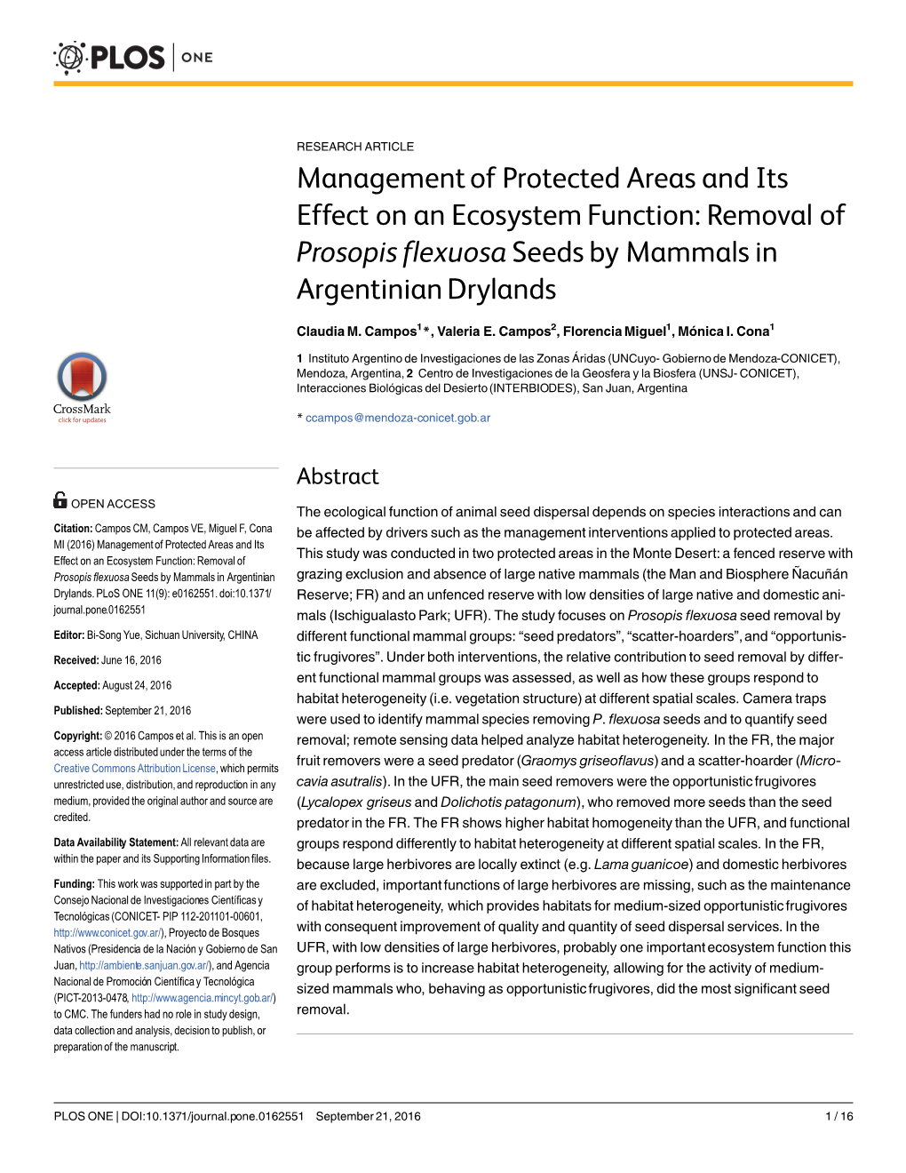 Management of Protected Areas and Its Effect on an Ecosystem Function: Removal of Prosopis Flexuosa Seeds by Mammals in Argentinian Drylands