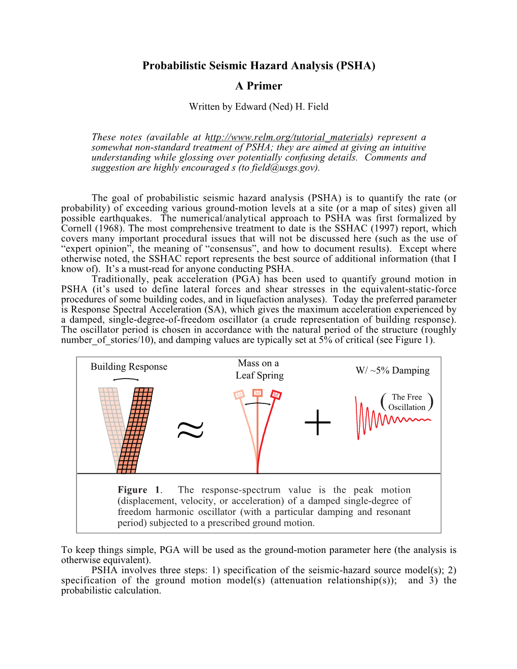 Probabilistic Seismic Hazard Analysis (PSHA) a Primer Written by Edward (Ned) H