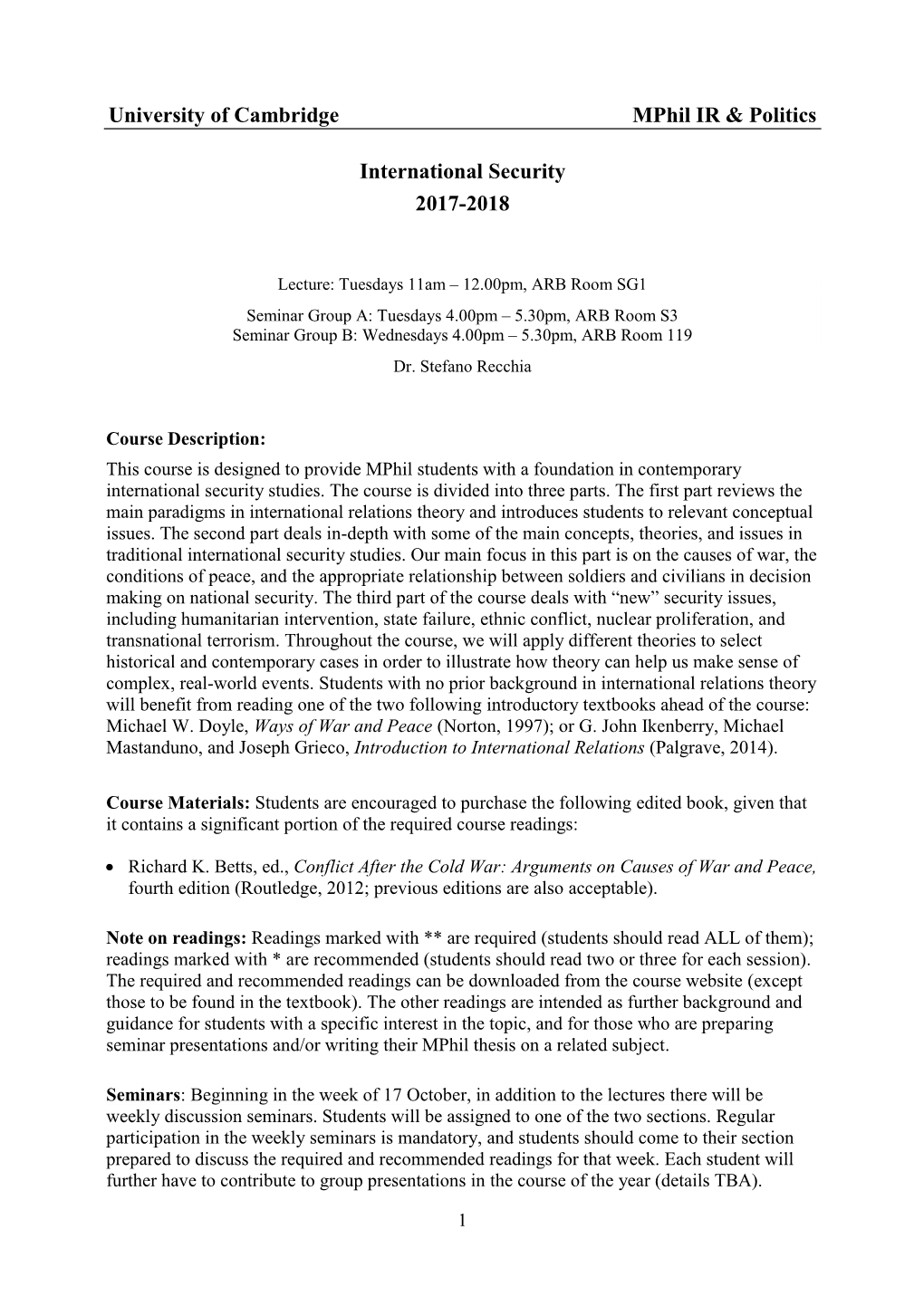 University of Cambridge Mphil IR & Politics International Security 2017-2018