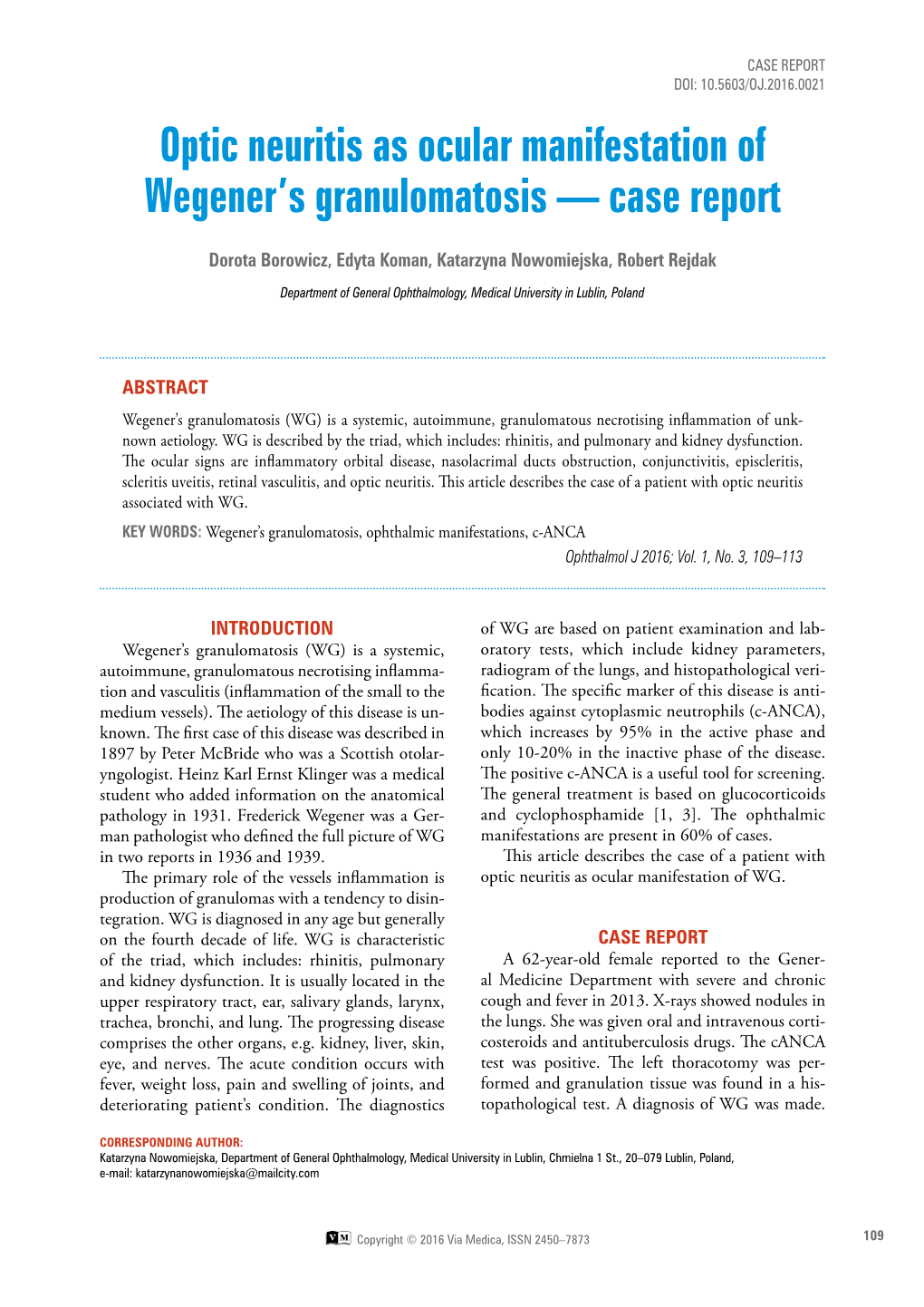 Optic Neuritis As Ocular Manifestation of Wegener's Granulomatosis