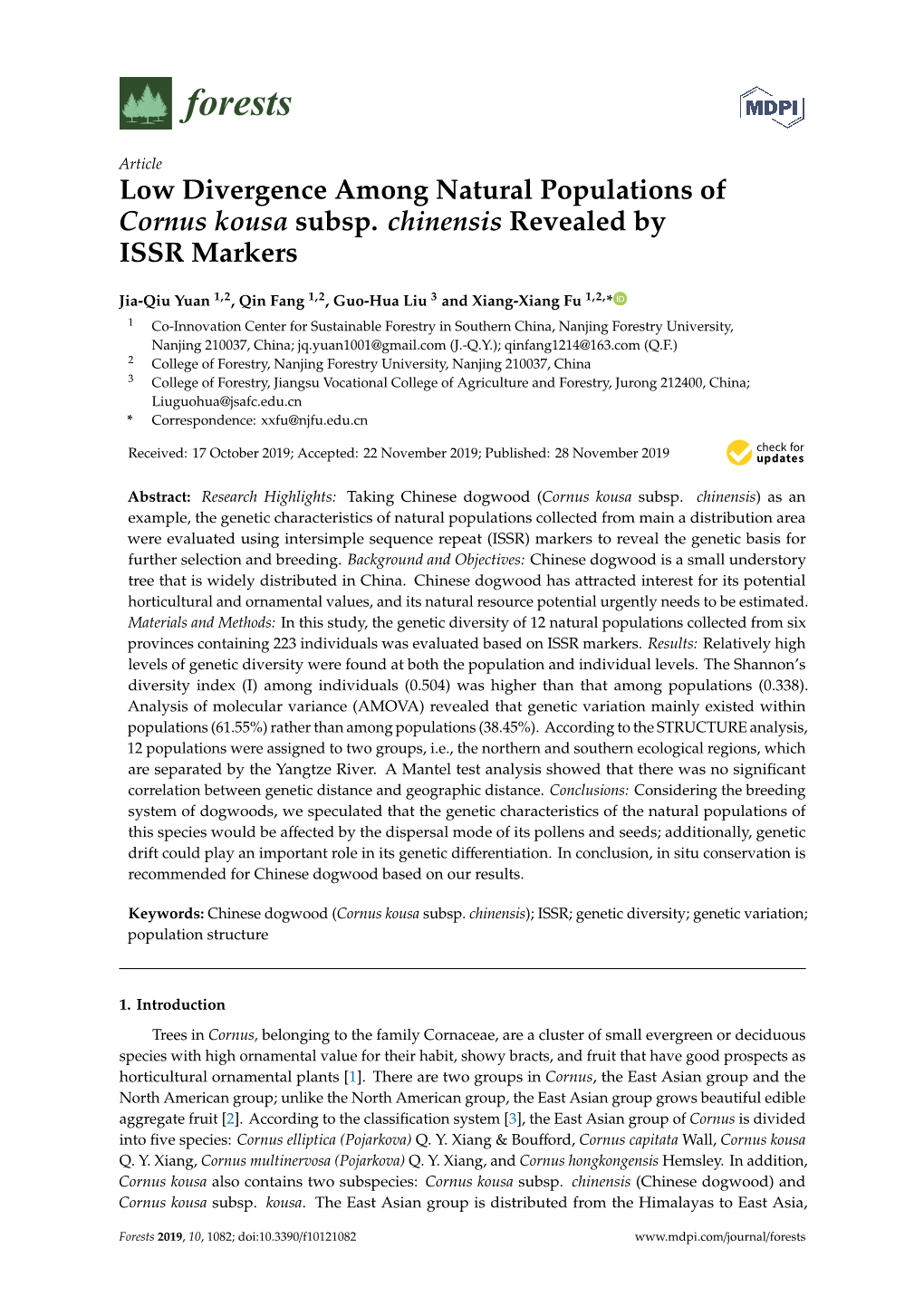 Low Divergence Among Natural Populations of Cornus Kousa Subsp