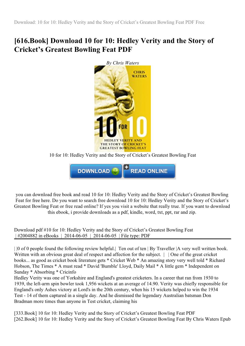 Download 10 for 10: Hedley Verity and the Story of Cricket™S Greatest Bowling Feat