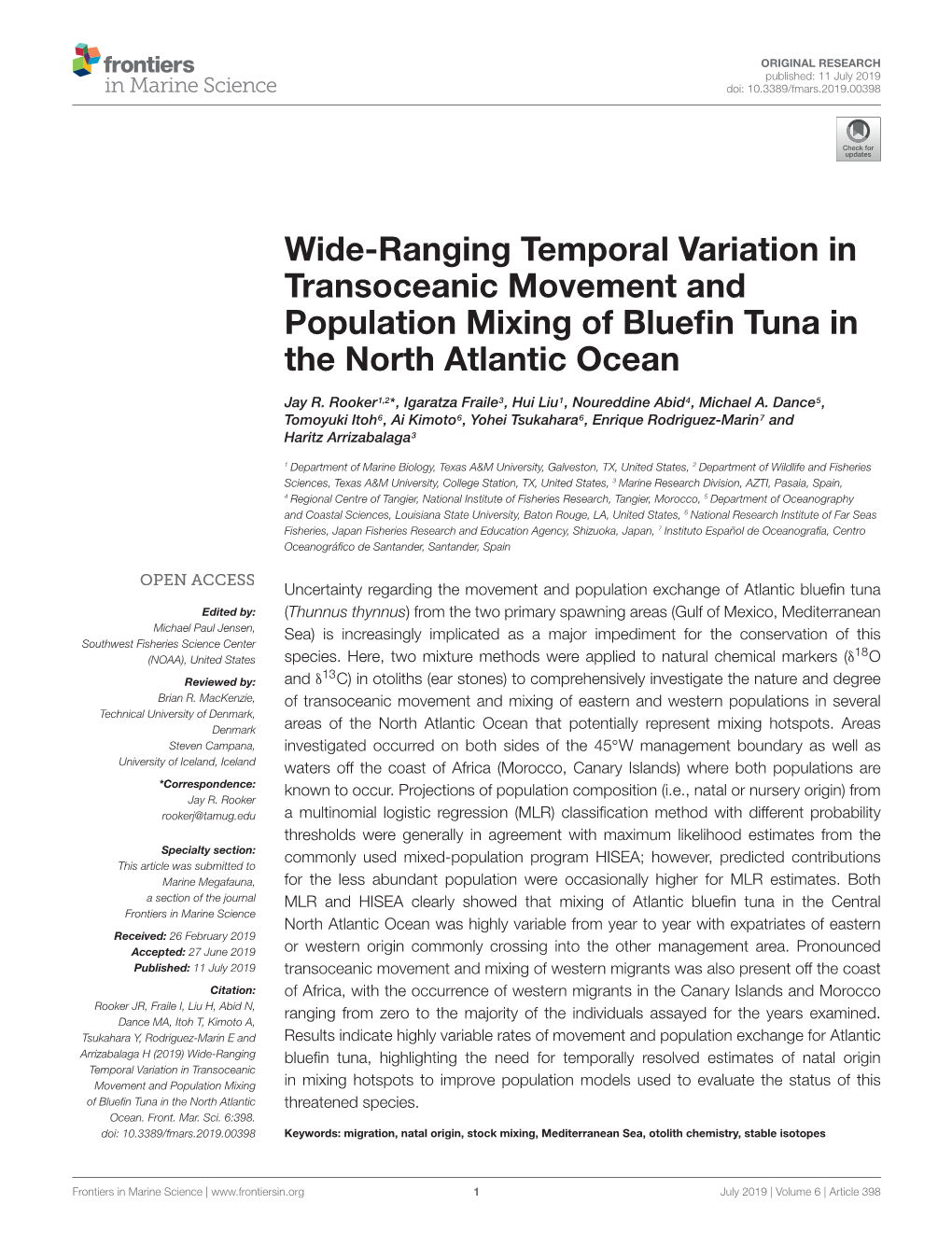 Wide-Ranging Temporal Variation in Transoceanic Movement and Population Mixing of Blueﬁn Tuna in the North Atlantic Ocean