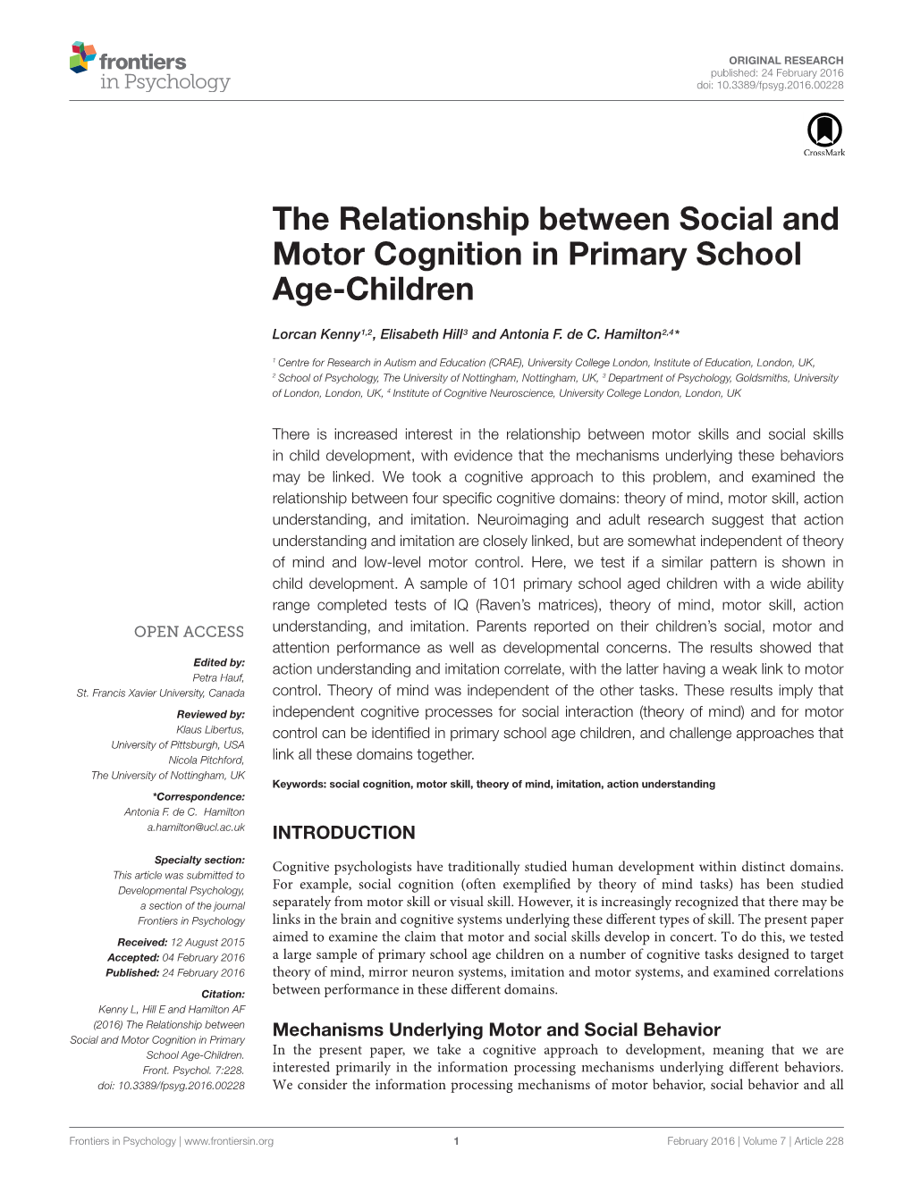 The Relationship Between Social and Motor Cognition in Primary School Age-Children