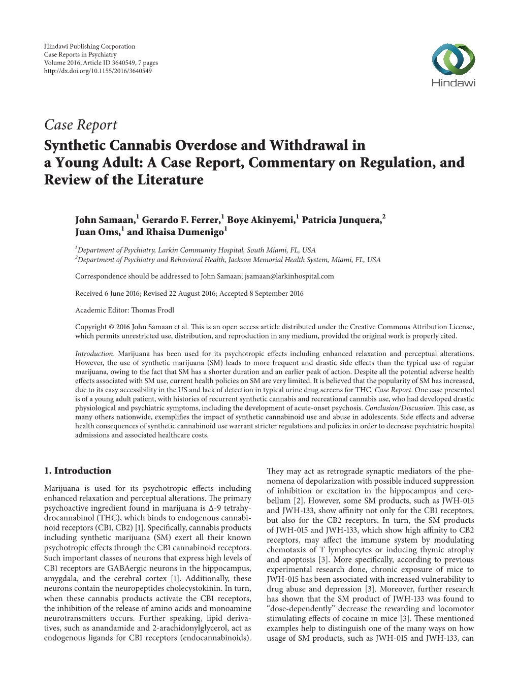 Synthetic Cannabis Overdose and Withdrawal in a Young Adult: a Case Report, Commentary on Regulation, and Review of the Literature