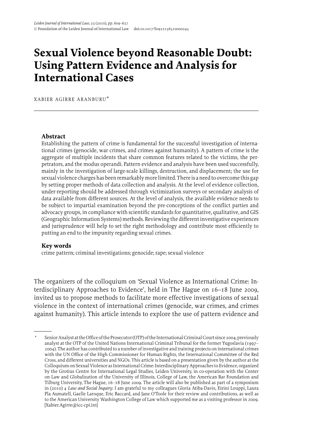 Sexual Violence Beyond Reasonable Doubt: Using Pattern Evidence and Analysis for International Cases