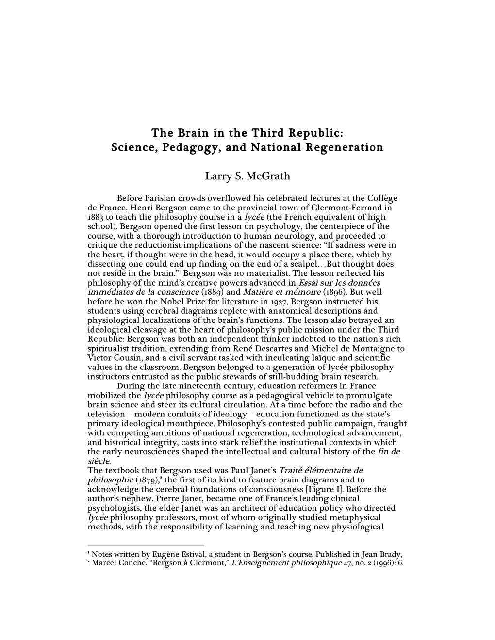 The Brain in the Third Republic: Science, Pedagogy, and National Regeneration