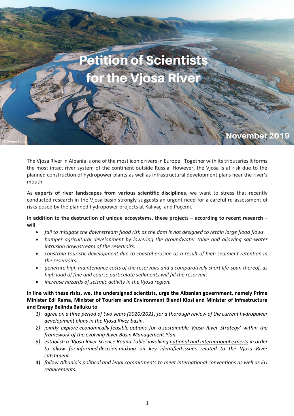 Petition of Scientists for the Vjosa River