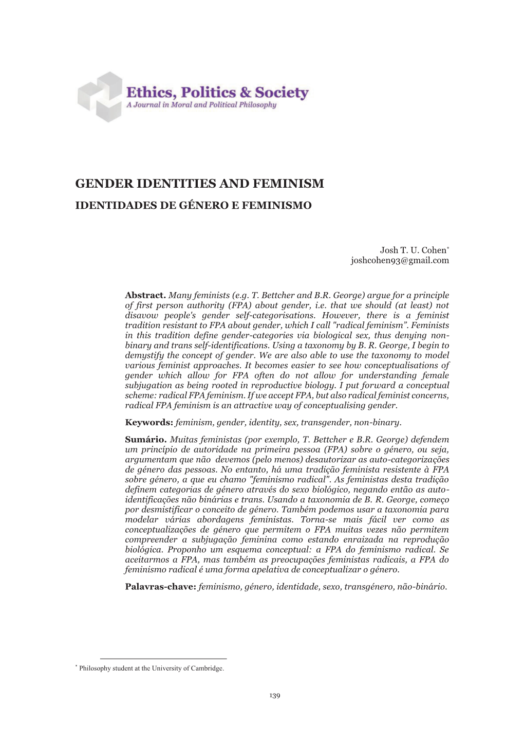 Gender Identities and Feminism Identidades De Género E Feminismo