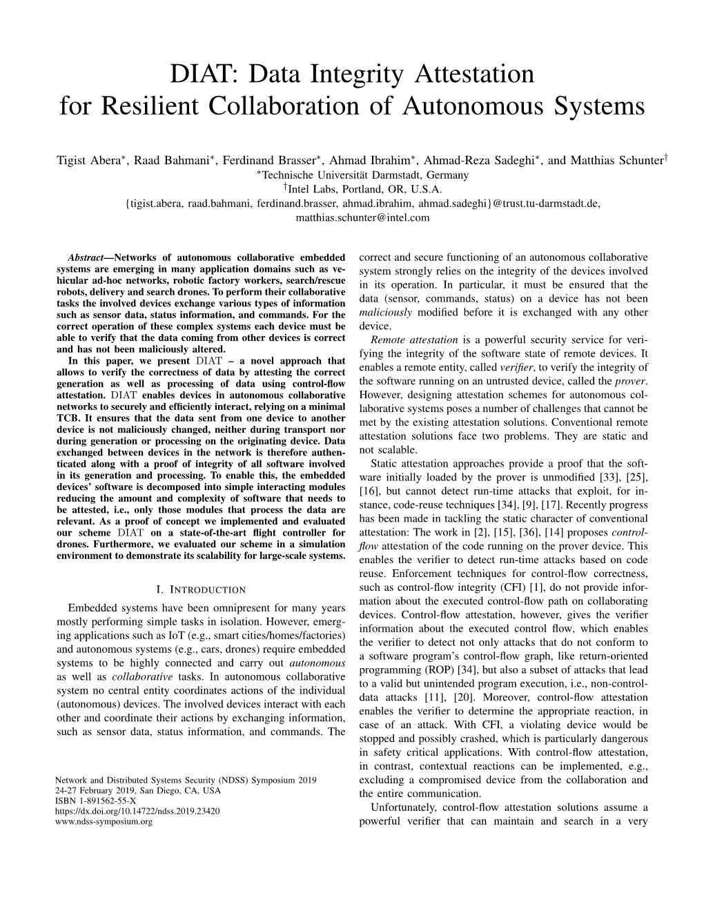 DIAT: Data Integrity Attestation for Resilient Collaboration of Autonomous Systems