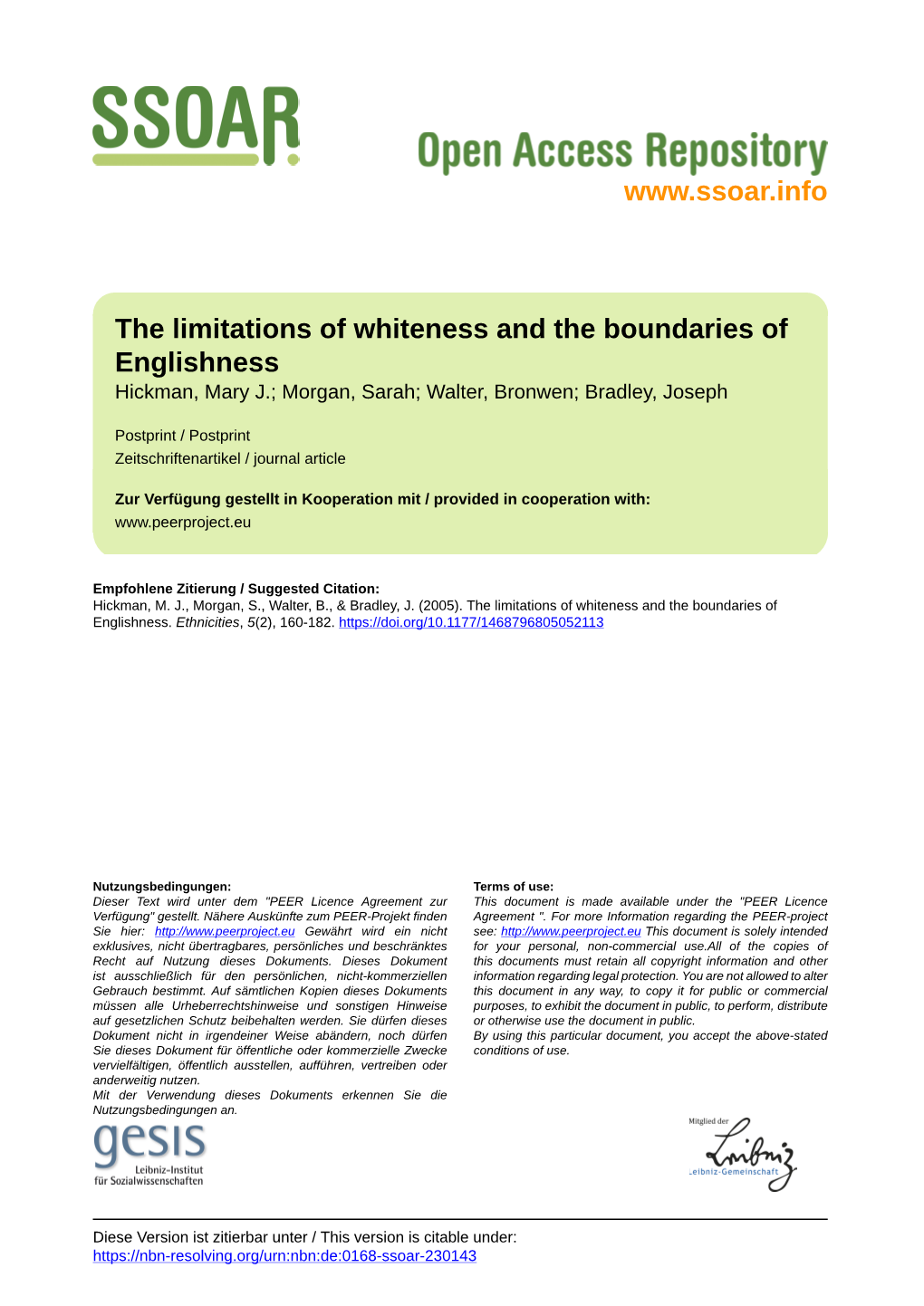 The Limitations of Whiteness and the Boundaries of Englishness Hickman, Mary J.; Morgan, Sarah; Walter, Bronwen; Bradley, Joseph