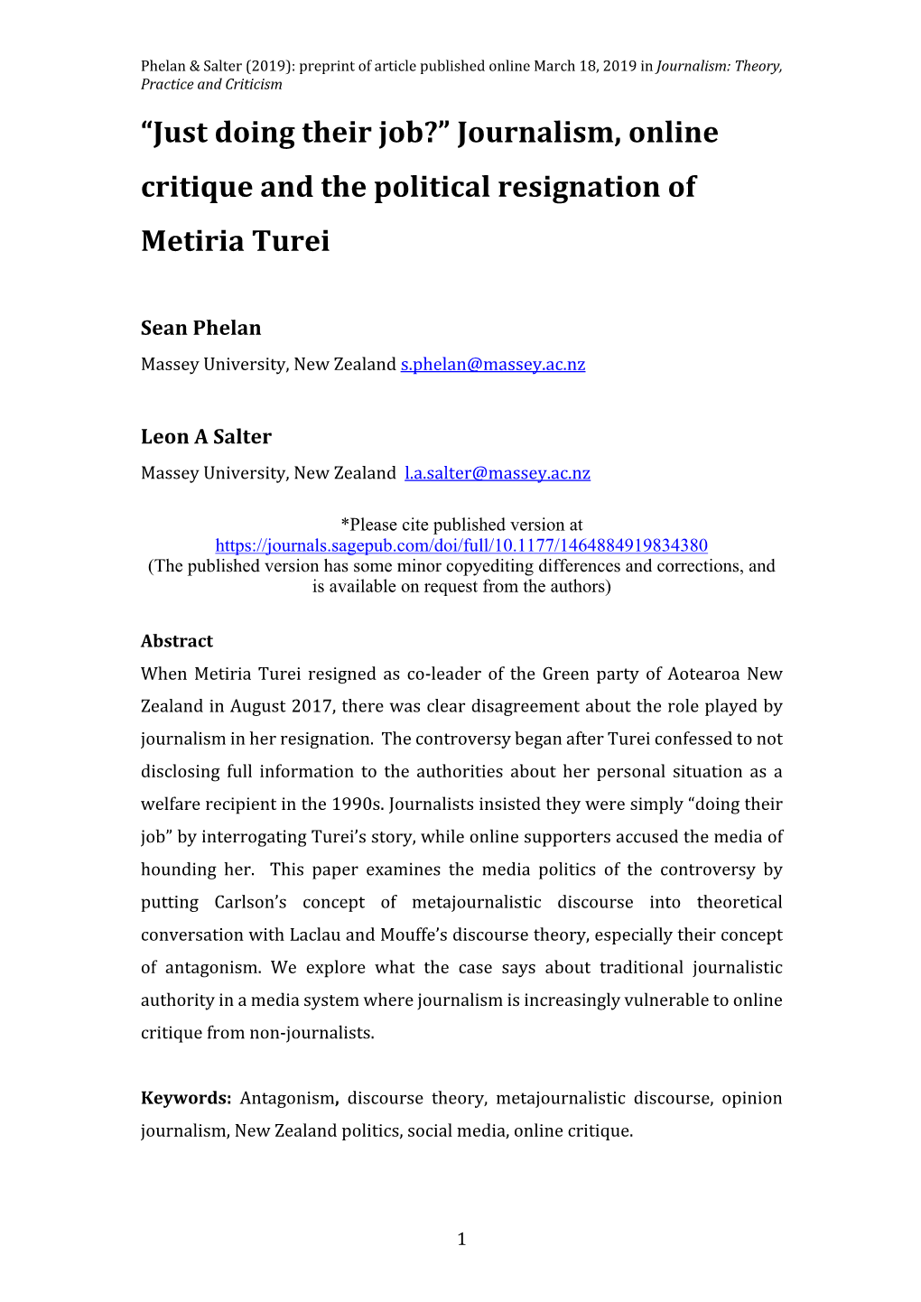 Journalism, Online Critique and the Political Resignation of Metiria Turei