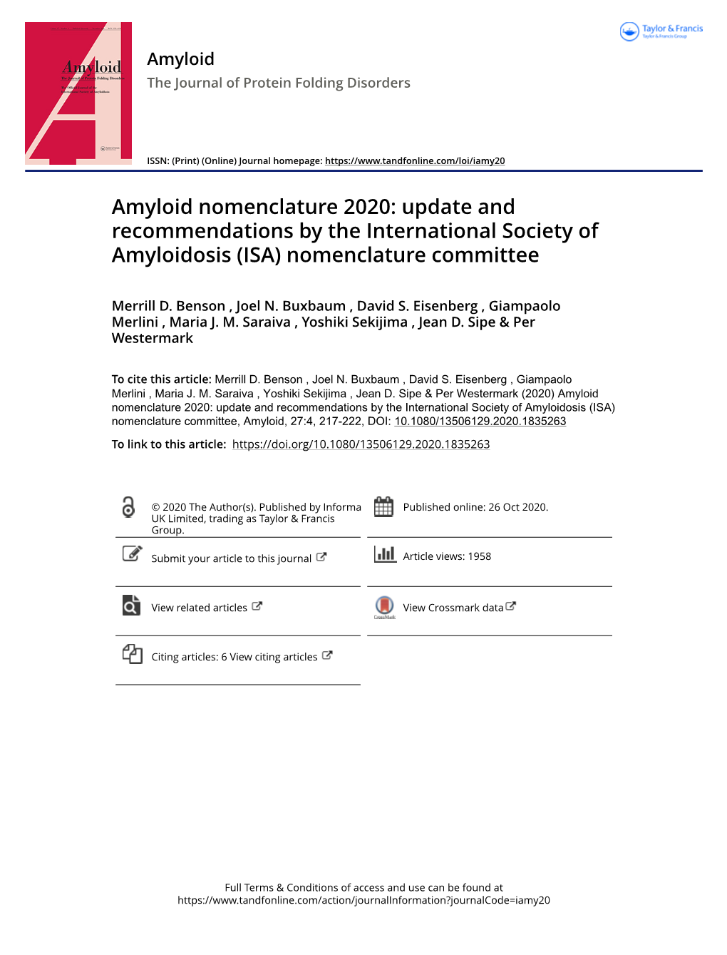 Amyloid Nomenclature 2020: Update and Recommendations by the International Society of Amyloidosis (ISA) Nomenclature Committee