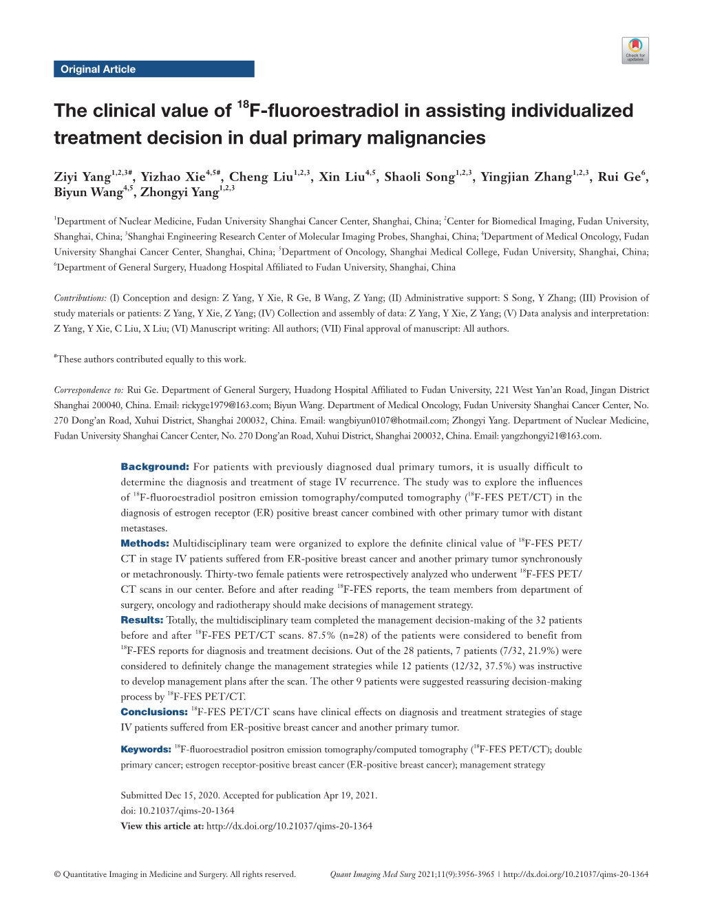 The Clinical Value of 18F-Fluoroestradiol in Assisting Individualized Treatment Decision in Dual Primary Malignancies