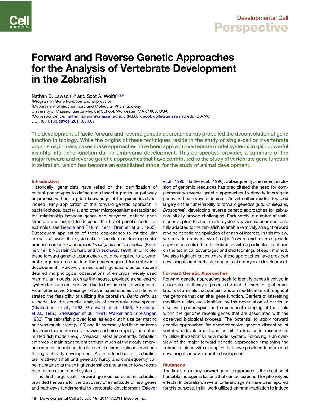 Forward and Reverse Genetic Approaches for the Analysis of Vertebrate Development in the Zebraﬁsh