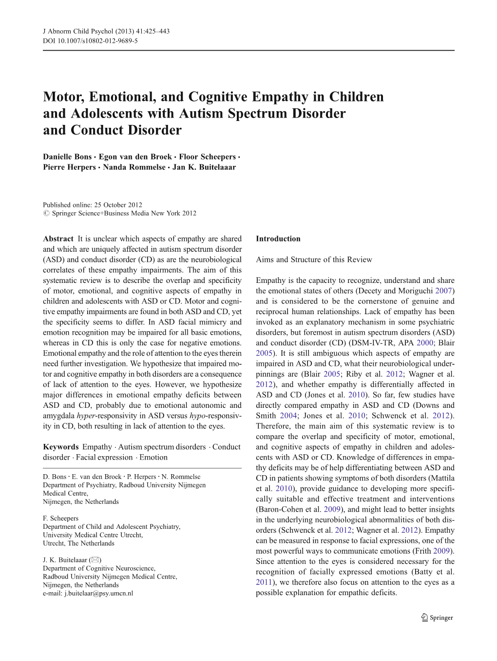 Motor, Emotional, and Cognitive Empathy in Children and Adolescents with Autism Spectrum Disorder and Conduct Disorder